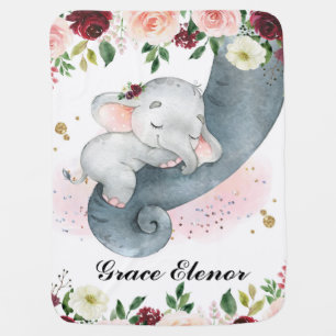 Girl Elephant Pink Floral Baby Name Blanket