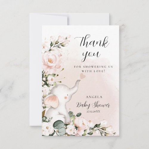 Girl Elephant Pink Flower Baby Shower Thank You Card