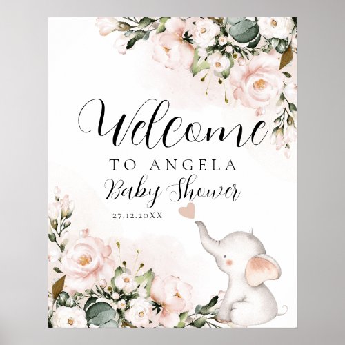 Girl Elephant Pink Flower Baby Shower Welcome Poster