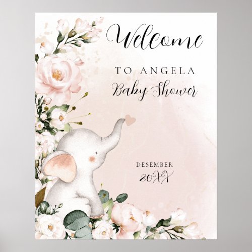 Girl Elephant Pink Flower Baby Shower Welcome  Poster