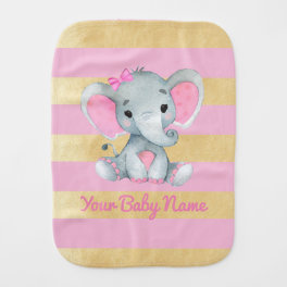 Girl Elephant Pink Gold Custom Name Burp Cloths