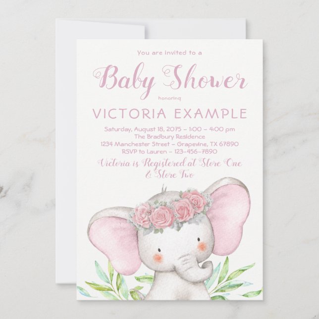 Girl Elephant Pink Rose Watercolor Baby Shower Invitation (Front)