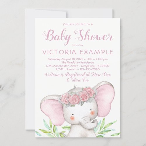 Girl Elephant Pink Rose Watercolor Baby Shower Invitation