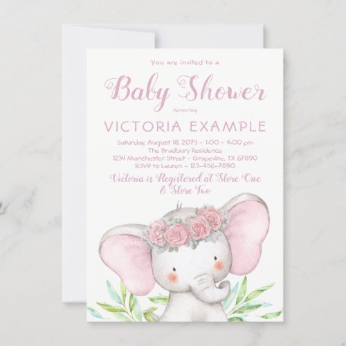 Girl Elephant Pink Rose Watercolor Baby Shower Invitation