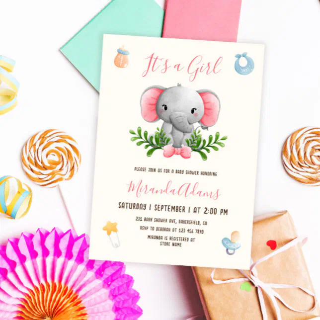 Girl Elephant Pink Watercolor Baby Shower Invitation | Zazzle