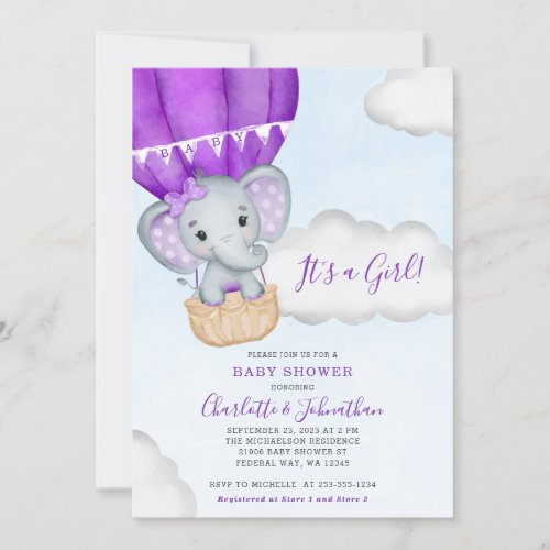 Girl Elephant Purple Baby Shower Invitation