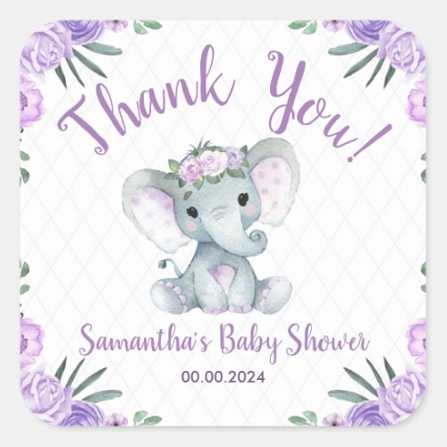 Girl Elephant Purple Floral Thank You Sticker Tag