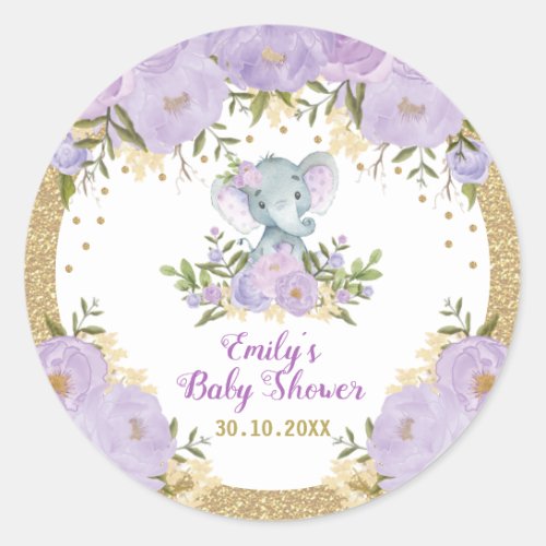 Girl Elephant Purple Gold Flower Baby Shower Classic Round Sticker