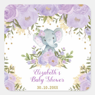 Girl Elephant Purple Gold Flower Baby Shower Square Sticker