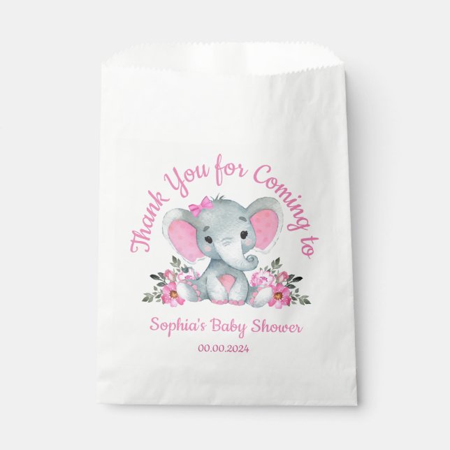 Girl Elephant Shower Floral Pink Paper Favor Bags (Front)