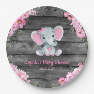 Girl Elephant Shower Floral Pink Paper Napkins Plates