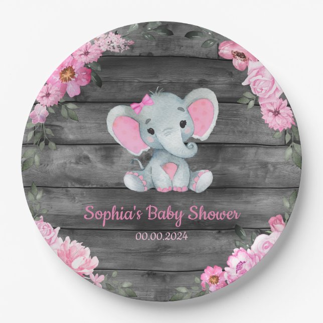 Girl Elephant Shower Floral Pink Paper Napkins Plates (Front)