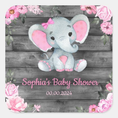 Girl Elephant Shower Floral Pink Stickers Labels