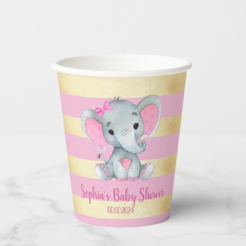 Girl Elephant Shower Gold Pink Paper Cups Custom
