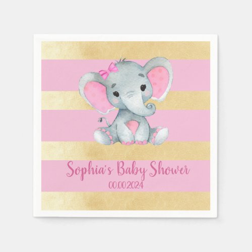 Girl Elephant Shower Gold Pink Paper Napkins
