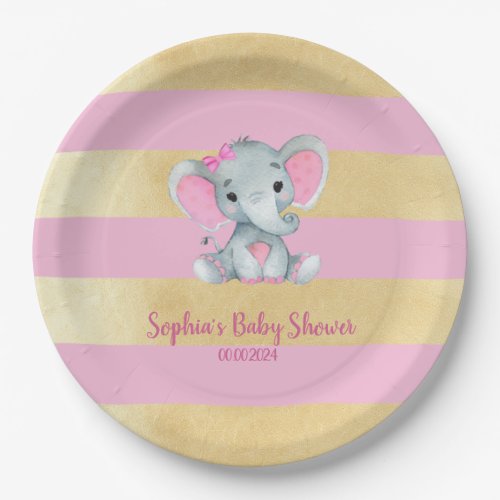 Girl Elephant Shower Gold Pink Paper Plates