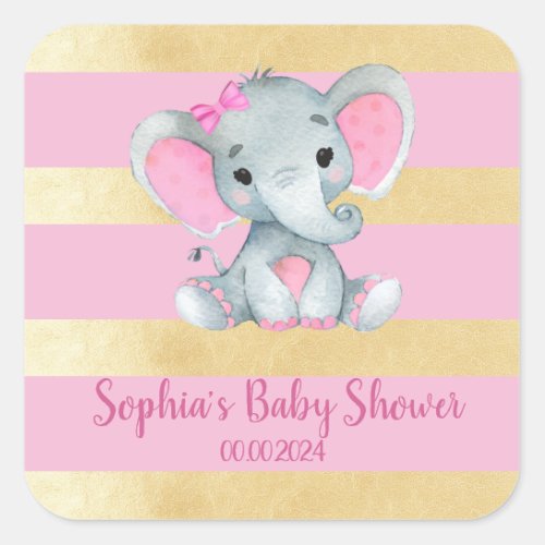 Girl Elephant Shower Gold Pink Sticker Label
