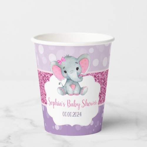 Girl Elephant Shower Pink Purple Paper Cups Custom