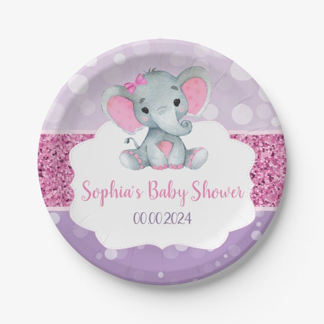 Girl Elephant Shower Pink Purple Paper Napkins Plates (Front)