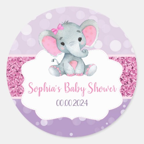 Girl Elephant Shower Pink Round Stickers for Favor