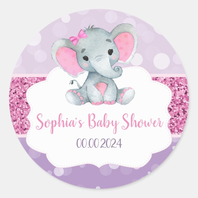 Girl Elephant Shower Pink Round Stickers for Favor (Front)
