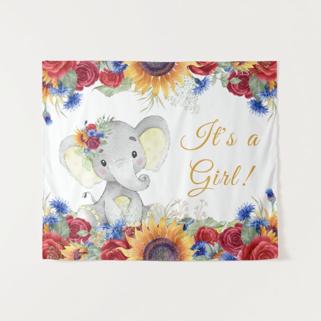 Girl Elephant Sunflower Baby Shower Backdrop (Front (Horizontal))