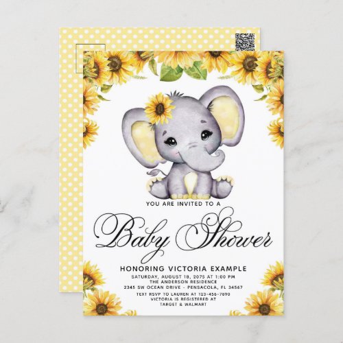 Girl Elephant Sunflower Baby Shower  Invitation Postcard