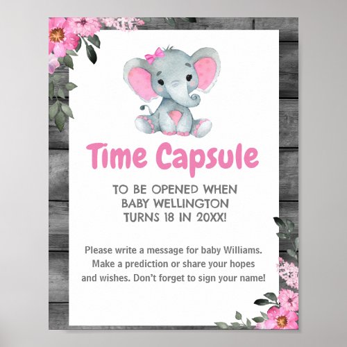 Girl Elephant Time Capsule Baby Shower Sign