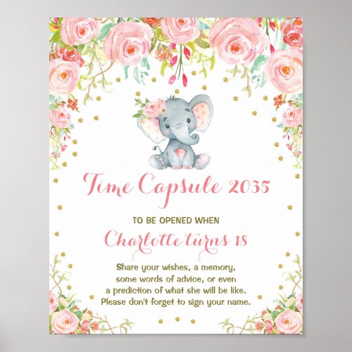 Girl Elephant Time Capsule First Birthday Sign