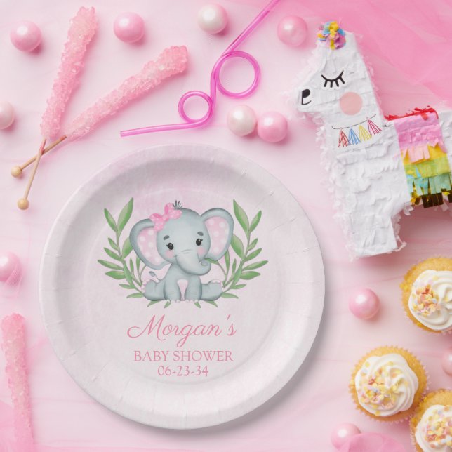 Girl Elephant Tropical Summer Floral Baby Shower Paper Plates (Party)