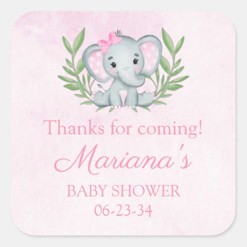 Girl Elephant Tropical Summer Floral Baby Shower Square Sticker