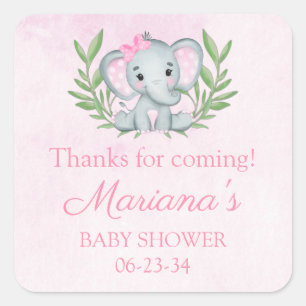 Girl Elephant Tropical Summer Floral Baby Shower Square Sticker