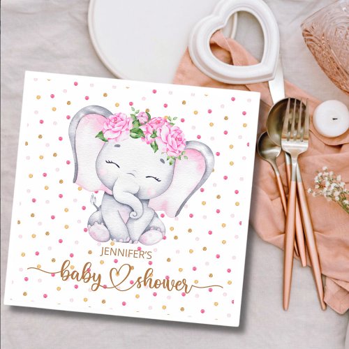 Girl Elephant Watercolor Baby Shower Napkins