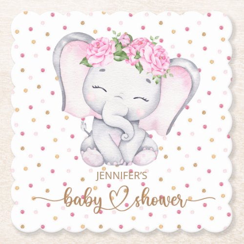 Girl Elephant Watercolor Baby Shower Paper Coaster