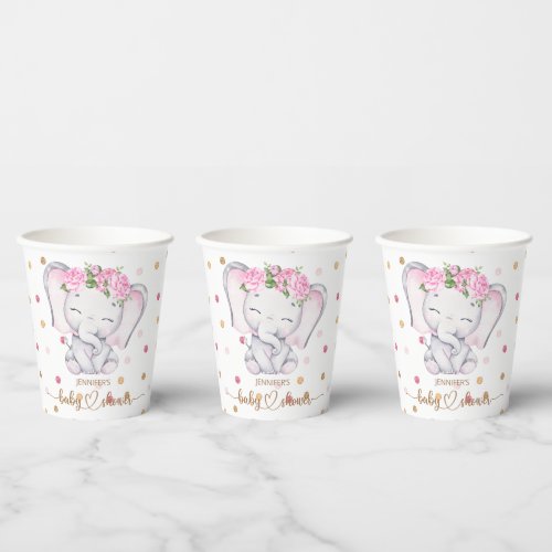 Girl Elephant Watercolor Baby Shower Paper Cups