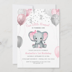 Girl Elephant Watercolor Balloons 1st Birthday Invitation