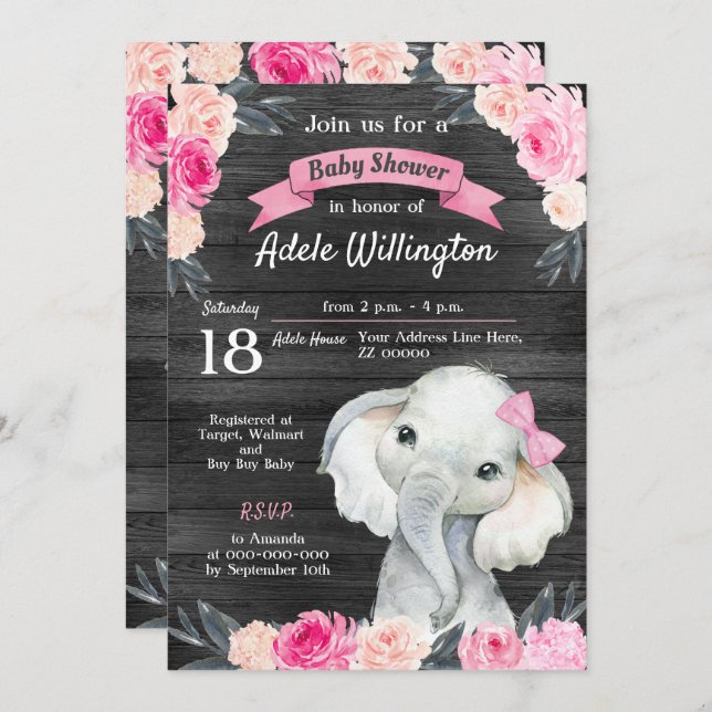 Girl Elephant Watercolor Floral Pink Roses Wooden Invitation (Front/Back)