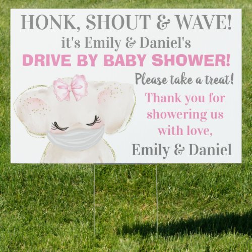 Girl Elephant Wearing Mask Drive By Baby Shower Sign