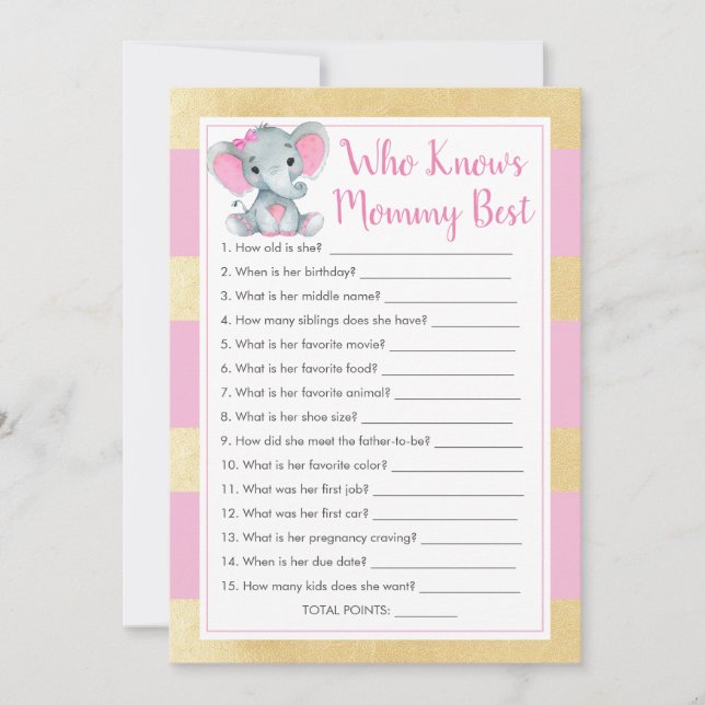 Girl Elephant Who Knows Mommy Best Shower Game Invitation (Front)