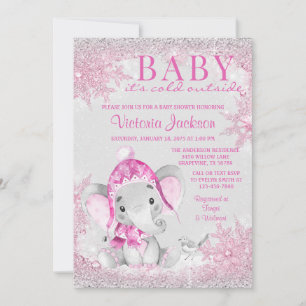 Girl Elephant Winter Snowflake Baby Shower Invitation