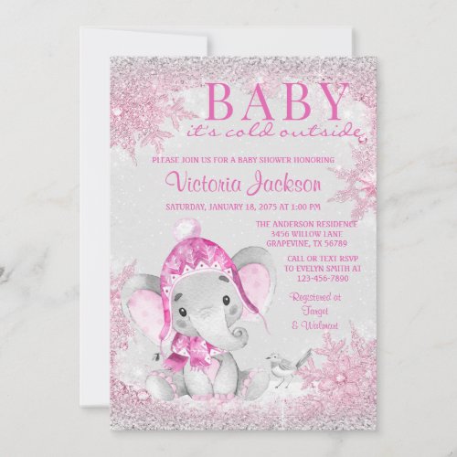 Girl Elephant Winter Snowflake Baby Shower Invitation