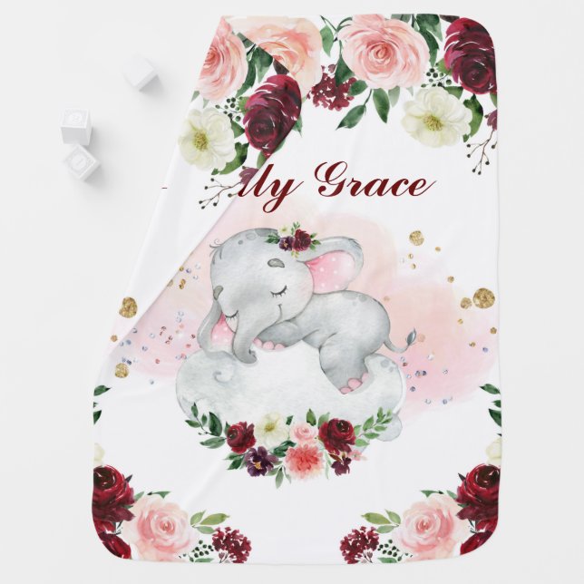 Girl Elephant With Blush Pink & Burgundy Flowers Baby Blanket (In Situ)