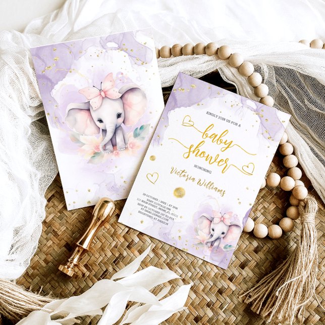 Girl Elephant with Butterfly Lilac Baby Shower Invitation (Creator Uploaded)