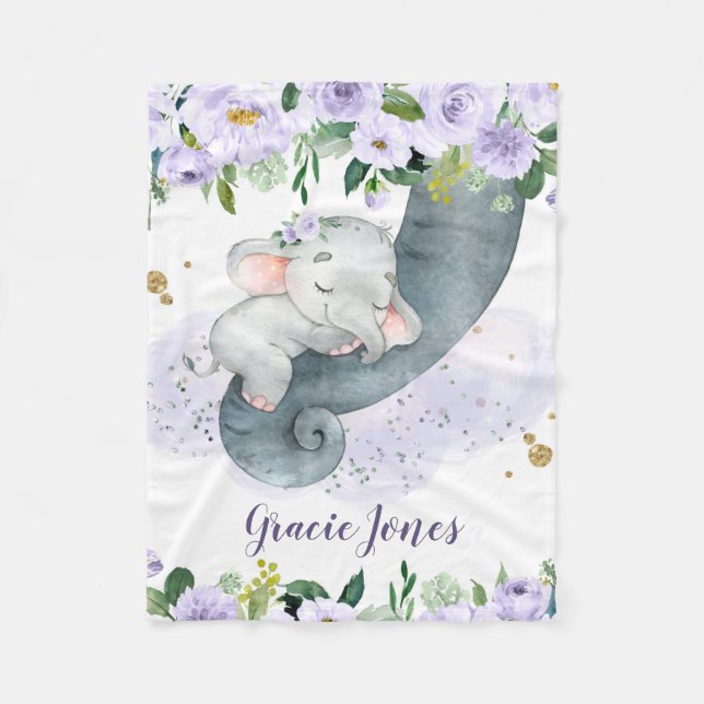 Girl Elephant With Soft Lavender Flower Baby Fleece Blanket (Front)