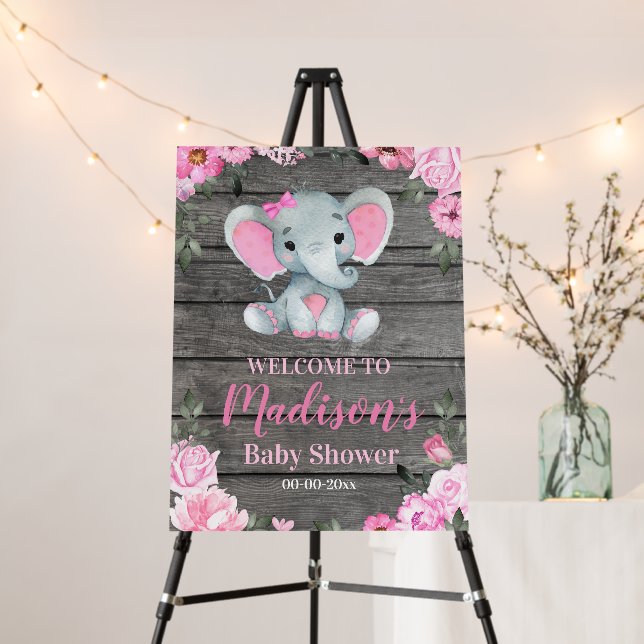 Girl Elephant Wooden Pink Floral Sign Shower (In Situ (Stand))
