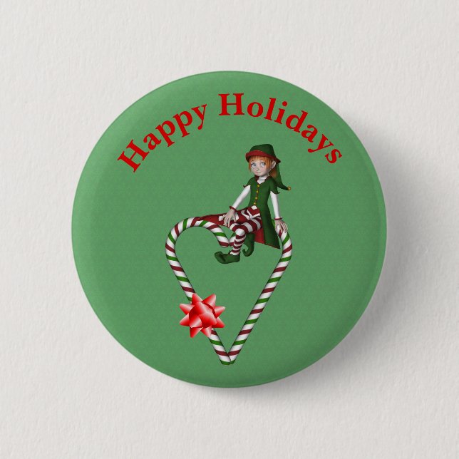Girl Elf Candy Cane Heart Christmas Holiday  Button (Front)