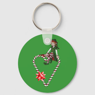 Girl Elf Candy Canes Christmas Holiday Keychain