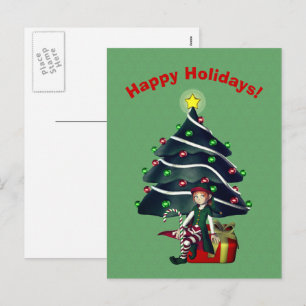 Girl Elf Christmas Tree Holiday Postcard