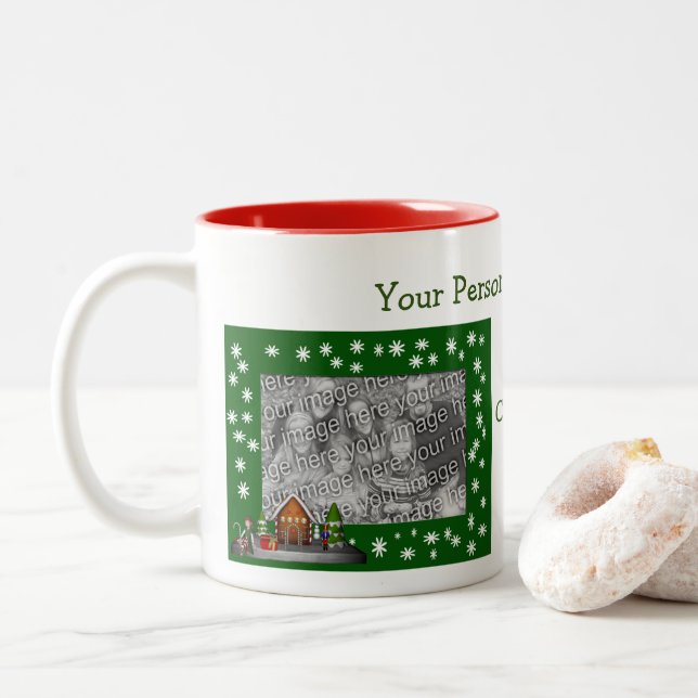 Girl Elf Christmas Village Holiday Photo  Two-Tone Coffee Mug (With Donut)