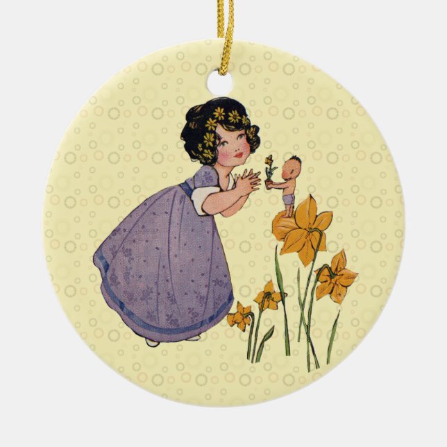 Girl Elf Fairy Daffodil Antique Easter Ceramic Ornament (Front)